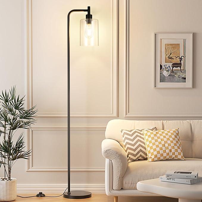Industrial Floor Lamp with Glass Shade - Black, LED Bulbs, Foot Pedal Switch, Easy Assembly Clear 
Black