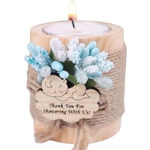 HTF Pack of 10 Baby Shower Decorations Wood Tealight Candle Holder, Gender Reveal Favors, Babyshower Wood Candle Holders (BS-Blue, Light Brown)