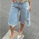 SOLY HUX Women's Summer Ripped Denim Shorts Y2k Wide Leg Baggy Cropped Jeans Capris Pants (Blue, XL)