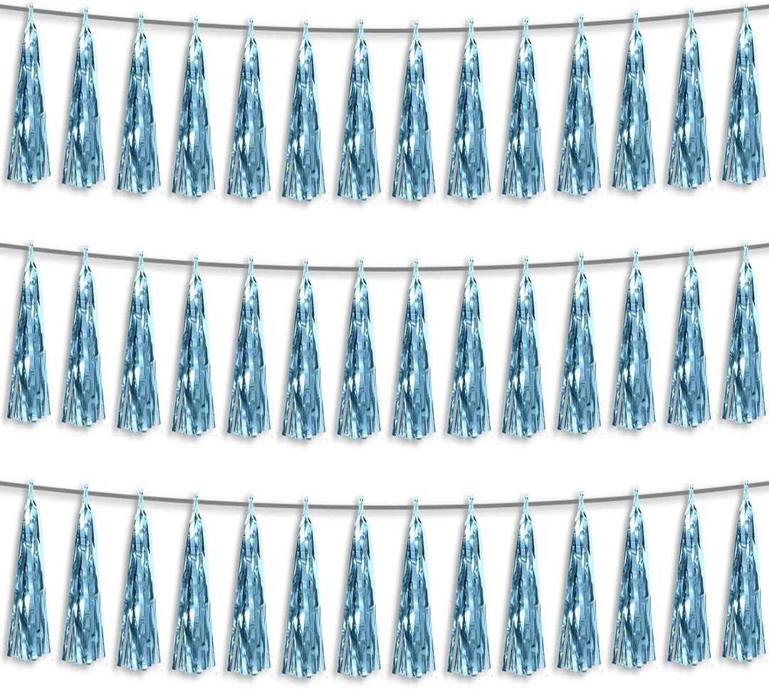 3P Light Blue Foil Fringe Metallic Tassel Streamers Banner Tassel Garland for Parade Floats, Bachelorette, Wedding, Birthday, Halloween, Christmas, Bridal/Baby Shower Party Decorations