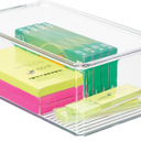 mDesign Plastic Stackable Box Home, Office Supplies Storage Organizer Box with Attached Lid - Holder Container for Note Pads, Gel Pens, Staples, Dry Erase Markers, Tape - 6.5 Inches High - Clear