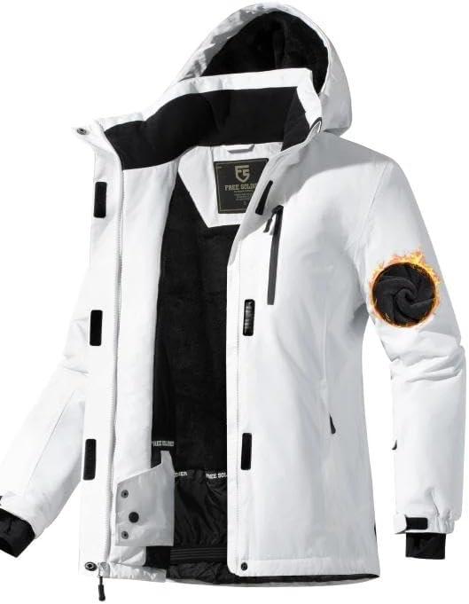 FREE SOLDIER Women's Waterproof Ski Snow Jacket Fleece Lined Warm Winter Rain Jacket with Hood Fully Taped Seams (Large, White)