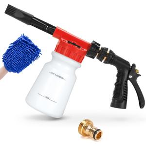 Ohuhu Car Wash Foam Gun for Garden Hose, Car Wash Soap Sprayer with 3/8" Connector & Washing Mitts, Dual Filtration, 6 Levels of Foam Concentration, Quick Connect to Most Garden Hose (Red)