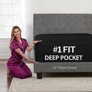 Fitted Sheets Queen Size – Queen Fitted Sheet Only Deep Pocket Queen Fitted Sheet – Real 16” Fitted Bed Sheets Fit Perfectly 14”–18” Deep Mattress & Toppers – 1 Piece Bottom Fitted Sheet Queen – Black