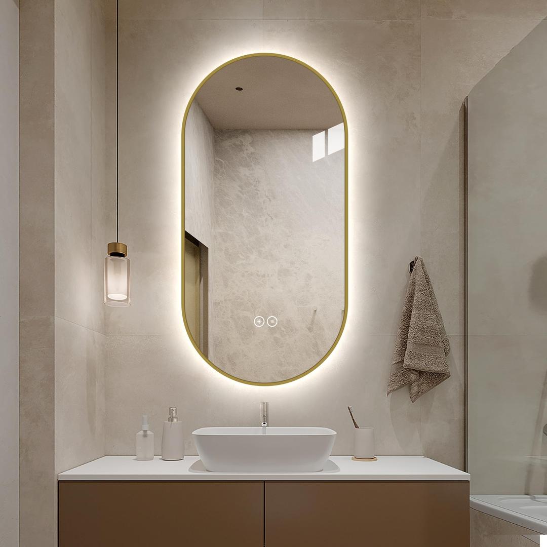 LAIYA 48X24 inch Oval LED Bathroom Mirror, Gold Aluminum Frame, Backlit, Anti-Fog, Dimmable, Memory Function