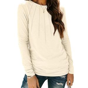 YZEGGO Womens Tops Long Sleeve Shirts Pleated Crew Neck Basic Tee 2025 Trendy Outfits Clothes (Apricot, Small)
