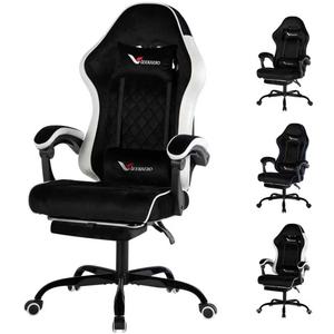 Velvet Gaming Chair for Adults with Pocket Spring Cushion Seat,Soft Gaming Chair Fabric with Extendable Footrest, Swivel Recliner with Ergonomic Lumbar Support and Headrest for Home/Office (White)