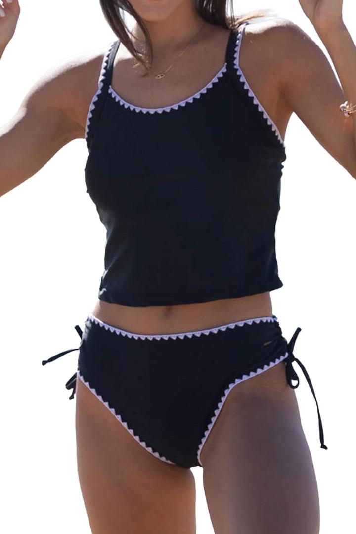 Beachsissi Women's Cute Two Piece Swimsuit White Trim Lace Up Tankini Set (Large, Black)