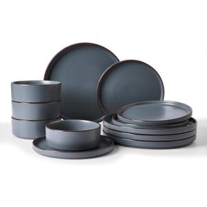 Famiware Nebula Ridge Stoneware Dinnerware Sets, Plates and Bowls Sets for 4, 12 Pieces Dishes Set, Microwave and Dishwasher Safe Kitchen Plates, Charcoal