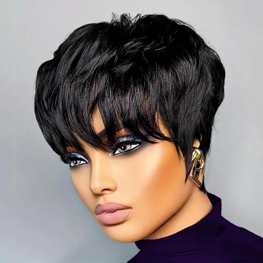 Pixie Cut Wig Human Hair Short Pixie Wigs for Black Women,Pixie Wigs Human Hair Short Layered Straight Human Hair Wigs With Bangs (Black) (1Packs)