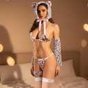 7 Pcs Alluring Anime Tiger Maid Costume for Women Cat Costumes Set with Plush Bra, Tail G-string, Ears Hat, Gloves and Fishnet Stockings, Furry Babydoll Bodysuit, One Size 