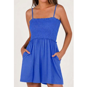 Smocked Rompers for Women Summer Sleeveless Square Neck Shorts Rompers Casual Beach Tank Top Jumpsuit with Pockets Blue, 2XL