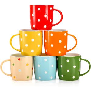 Elsjoy 6 Pack Polka Dot Coffee Mugs, 12 Oz Ceramic Coffee Mugs Colorful Porcelain Mug Set for Coffee, Tea, Milk, Hot Chocolate