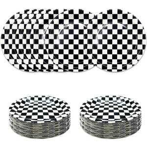 SietDESEO 50 PCS Race Car Dessert Plates 7 Inch Black and White Checkered Paper Plates Dinner Plates for Racing Theme Party Birthday Baby Shower Decoration Disposable Party Plates
