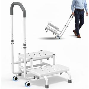 2 Step Stool with Handle & Wheels for Seniors, 400 lbs Capacity, Heavy Duty Bed Step for High Beds, Adjustable 5-Level Handrail, Non-Slip Wide Steps, Non-Skid Rubber Feet (White)