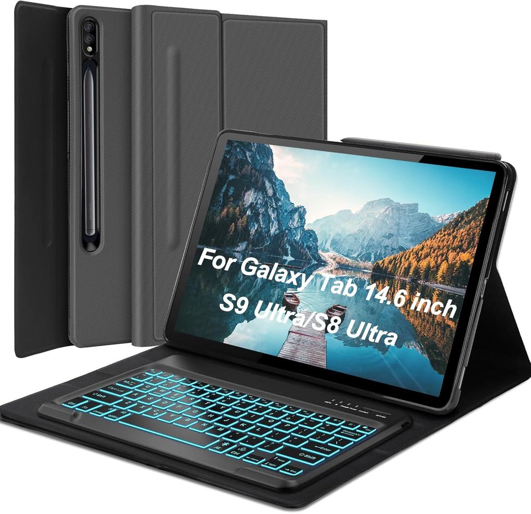 Galaxy Tab S10 Ultra/S9 Ultra/S8 Ultra Keyboard Case, 7 Colors Backlight Detachable Wireless Keyboard, Magnetic Folio Cover with S Pen Holder for Samsung S10/S9/S8Ultra 2024/2023/2022 14.6 inch - Grey