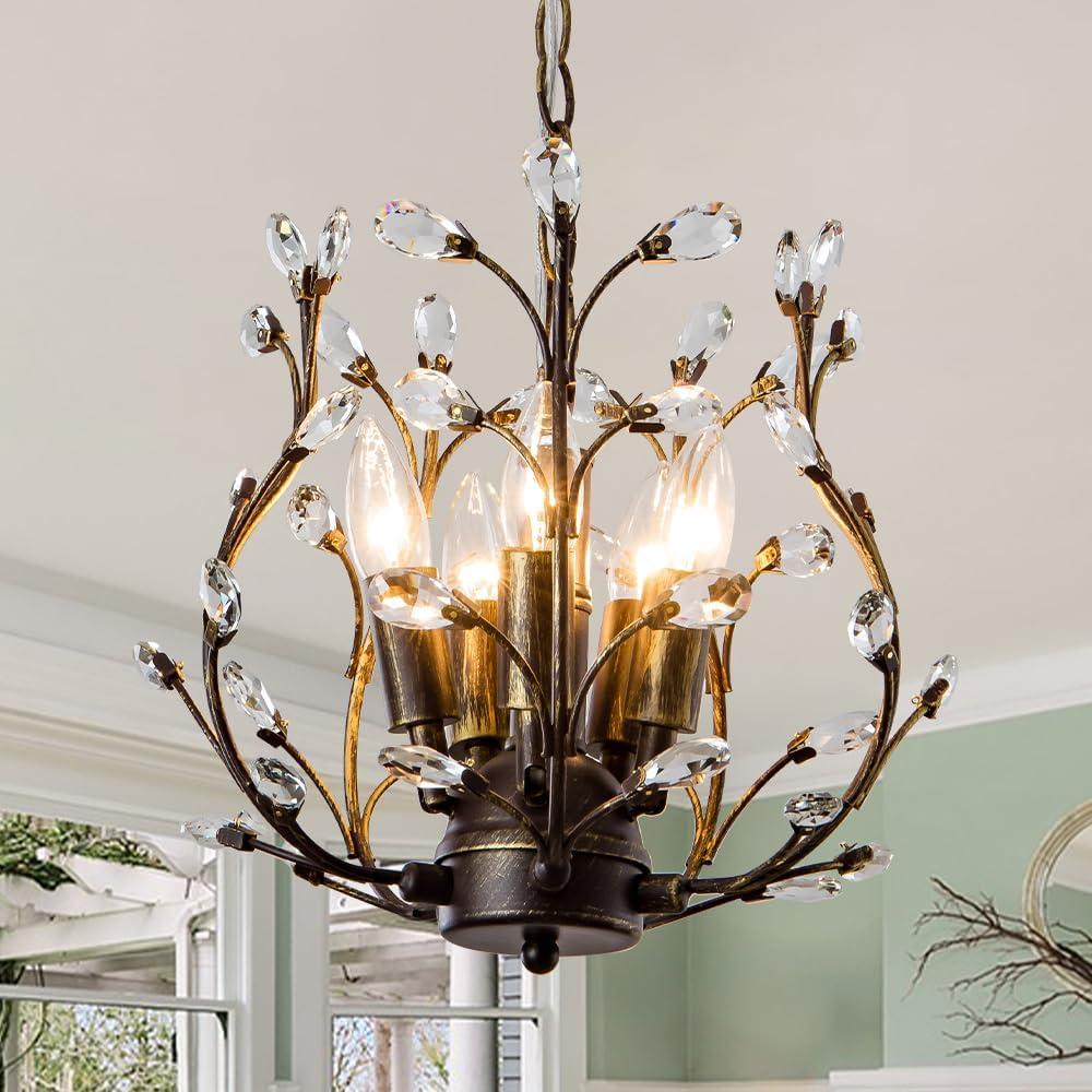 5-Light Vintage Crystal Branch Tree Chandelier Antique Pendant Light Fixtures for Living Room Dining Room Foyer Kitchen Island Hallway Aged Bronze