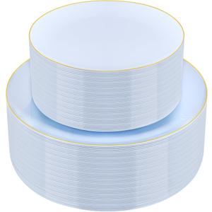 PULOTE 100PCS Blue Plastic Plates - Disposable Light Blue Include 50 Dinner & 50 Dessert/Salad Plates for Party, Wedding & Birthday