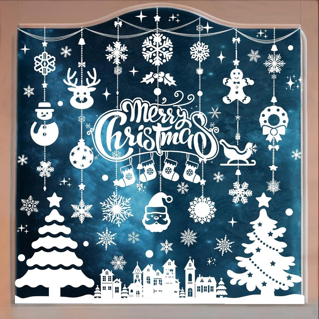7 x MISS FANTASY Christmas Window Clings Decorations, 10 Sheets Merry Christmas Scene Window Stickers for Glass Window Snowflakes Decals White Winter Snow Scene Xmas Decorations for Home Indoor