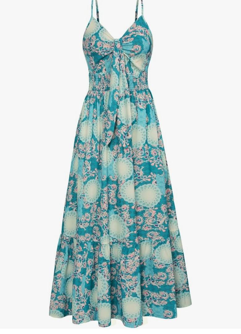 GRACE KARIN Women's 2025 Summer Maxi Dress Floral Tie Front Spaghetti Strap Casual Boho Beach Flowy Sundress with Pockets, Yellow Green Floral, S