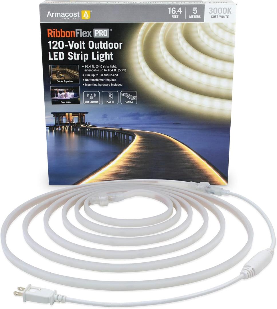 Armacost Lighting RibbonFlex Pro Outdoor 16.4 ft 120V Plug-in Soft White 3000K LED Strip Light Kit 149430