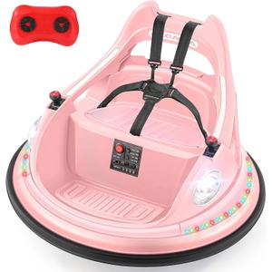 ELEMARA Bumper Car for Kids,1.9mph Max,12V Toddler Ride on Toys with Remote Control,2-Speed,2 Playing Modes,360 Degree Spin,Bumping Toy Gifts W/Bluetooth,5 LED Lights Modes,DIY Stickers,Pink
