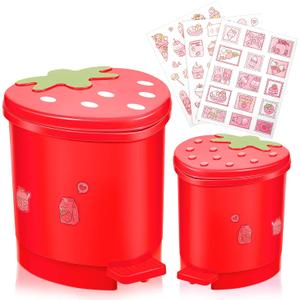 Tessco for you 2 Pieces Strawberry Desk Trash Can Cute Mini Countertop Trash Can with Lid Kawaii Small Garbage Plastic Waste Bin with Sticker for Car Office Home Bedroom Bathroom Kitchen Decor(Red)