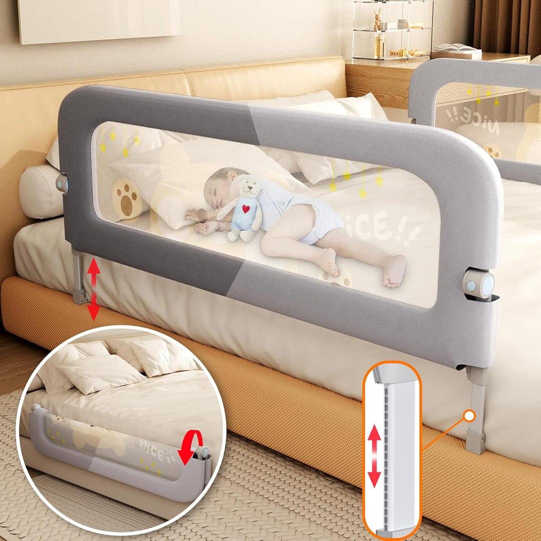 Bed Guard Rail for Toddlers - 60 inches Lift Foldable Toddler Bed Rails for Kids - Safety Baby Bed Rail Guard with Reinforced - Great Fit for Kids Twin Double, Full Size, Queen, King Size Bed