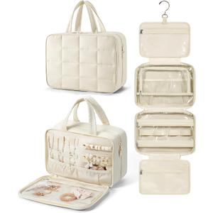 BAGSMART Travel Toiletry Bag with Jewelry Organizer, Hanging Travel Bag for Toiletries, Puffy Makeup Cosmetic Bag Organizer, Carry-on Travel Accessories Essentials, Beige-M