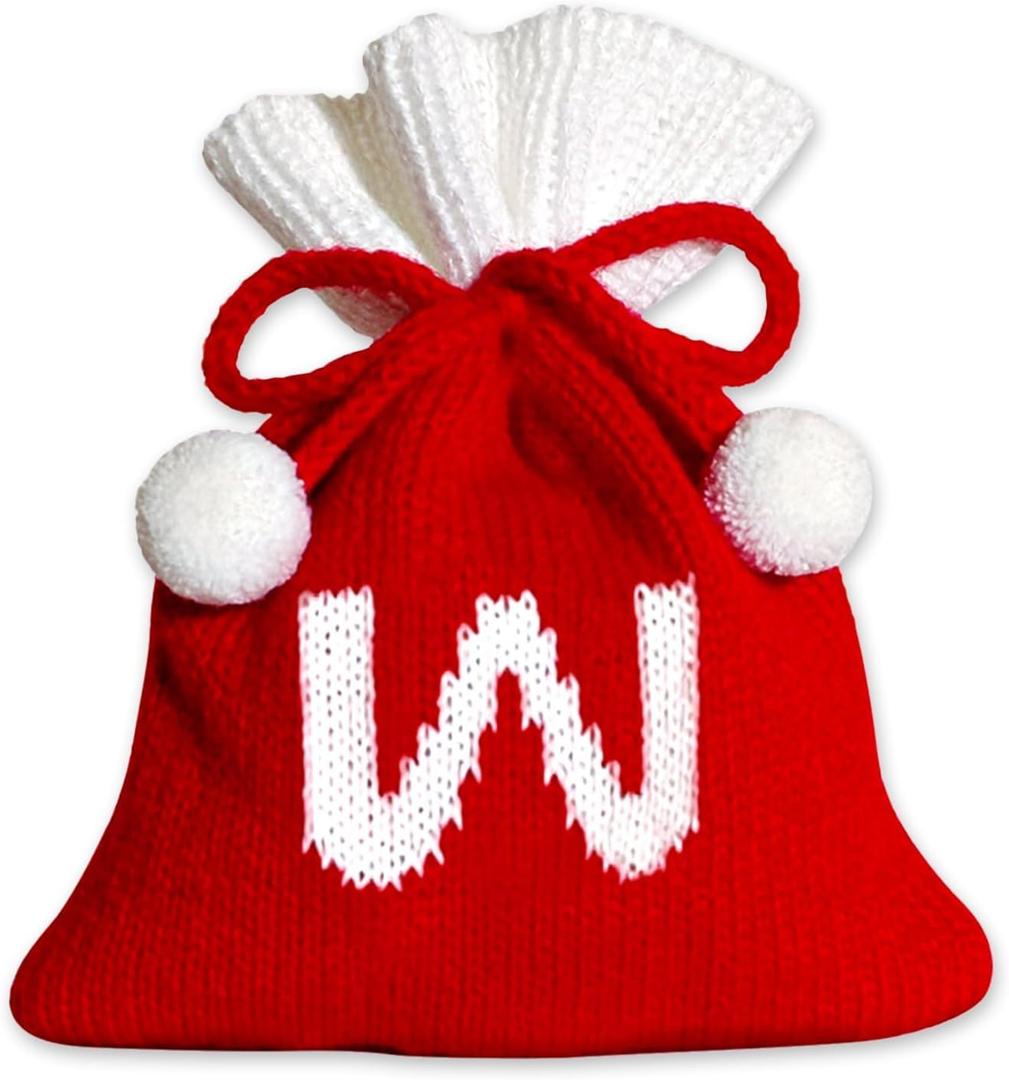 2 x Christmas Knit Drawstring Gift Bag Xmas Red and White Santa Sack with Alphabet Letter Design Reusable Wrapping Bag for Xmas Candy Goodie Party Favor 6.5 x 5.1 Inch Letter W
