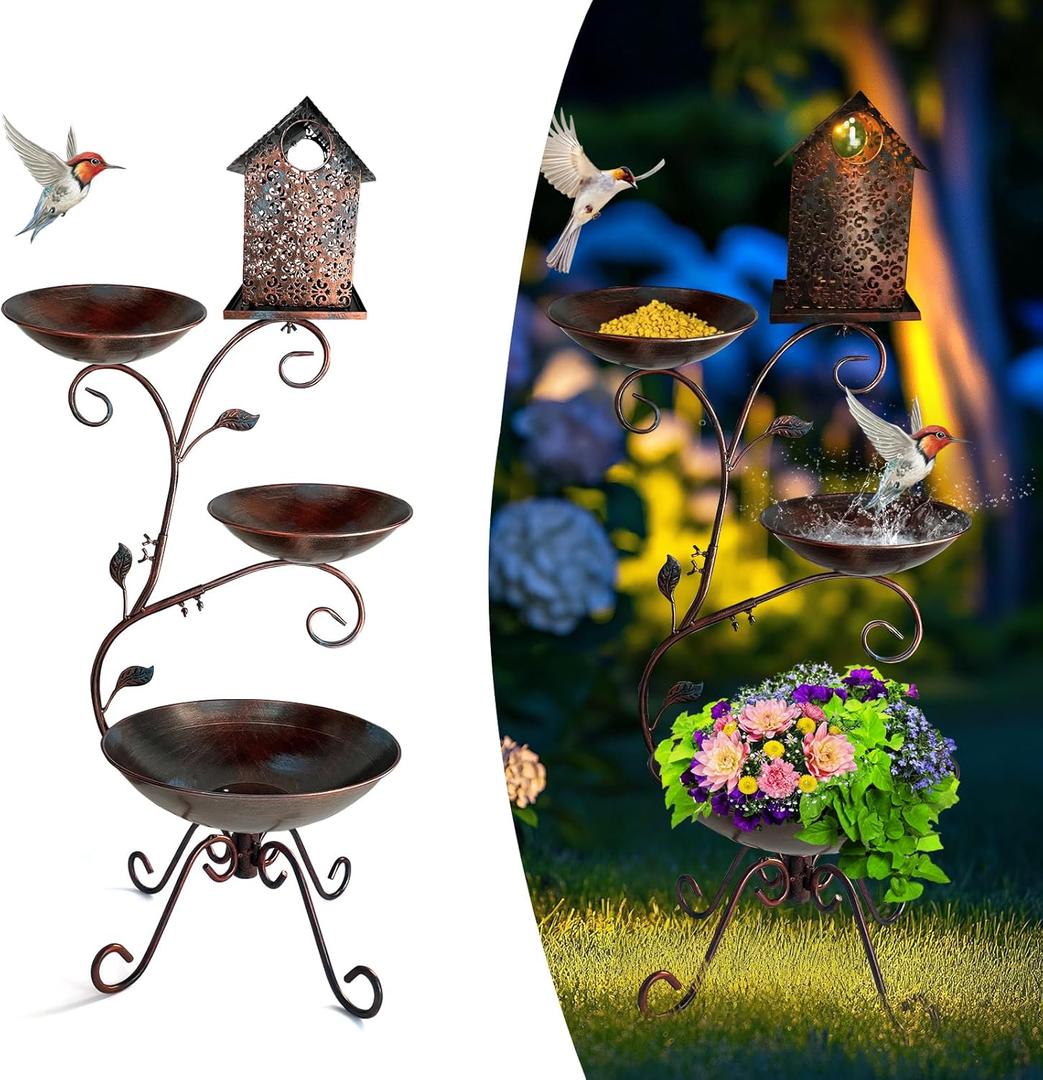 HONGLAND Bird Bath for Outside, 37" Antique Brass Metal Bird Bath Outdoors with Solar Lights, 4-in-1 Rust-Resistant Bird Feeder and House Combo, Detachable Flower Pots for Garden Yard Patio Decor (Brown)