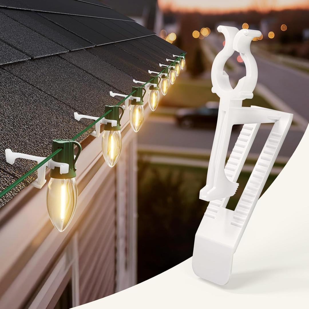 All-in-One Christmas Light Clips Outdoor, 50 Pack Universal Gutter & Shingle Clips for Hanging C9, C7, Mini String Lights, Roof, House, Yard, Holida