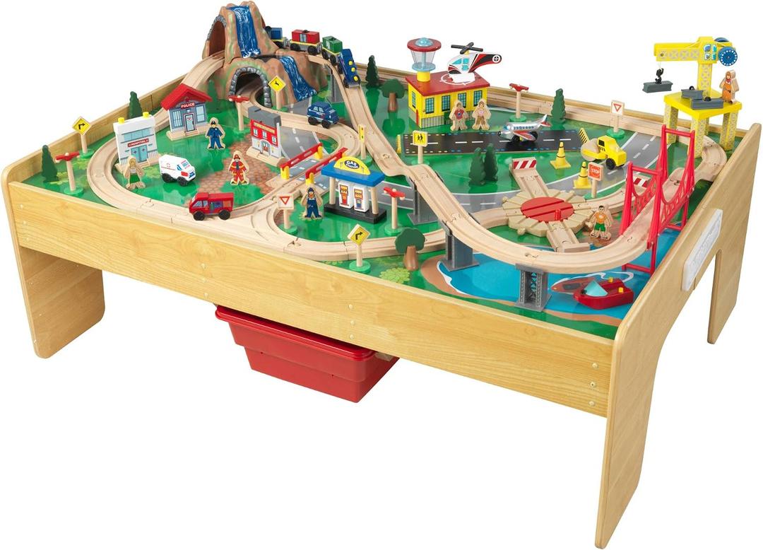 KidKraft Adventure Town Railway Wooden Train Set & Table with EZ Kraft Assembly with 120 Accessories and Storage Bins, Gift for Ages 3+, 43.5" x 31" x 21.1"