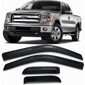 Tape On Side Car Window Visors Rain Guards Sun Shade Vent Deflectors for Ford F-150 Supercab/Extended Cab 2004-2014, 94738 Outside Dark Smoke Tinted