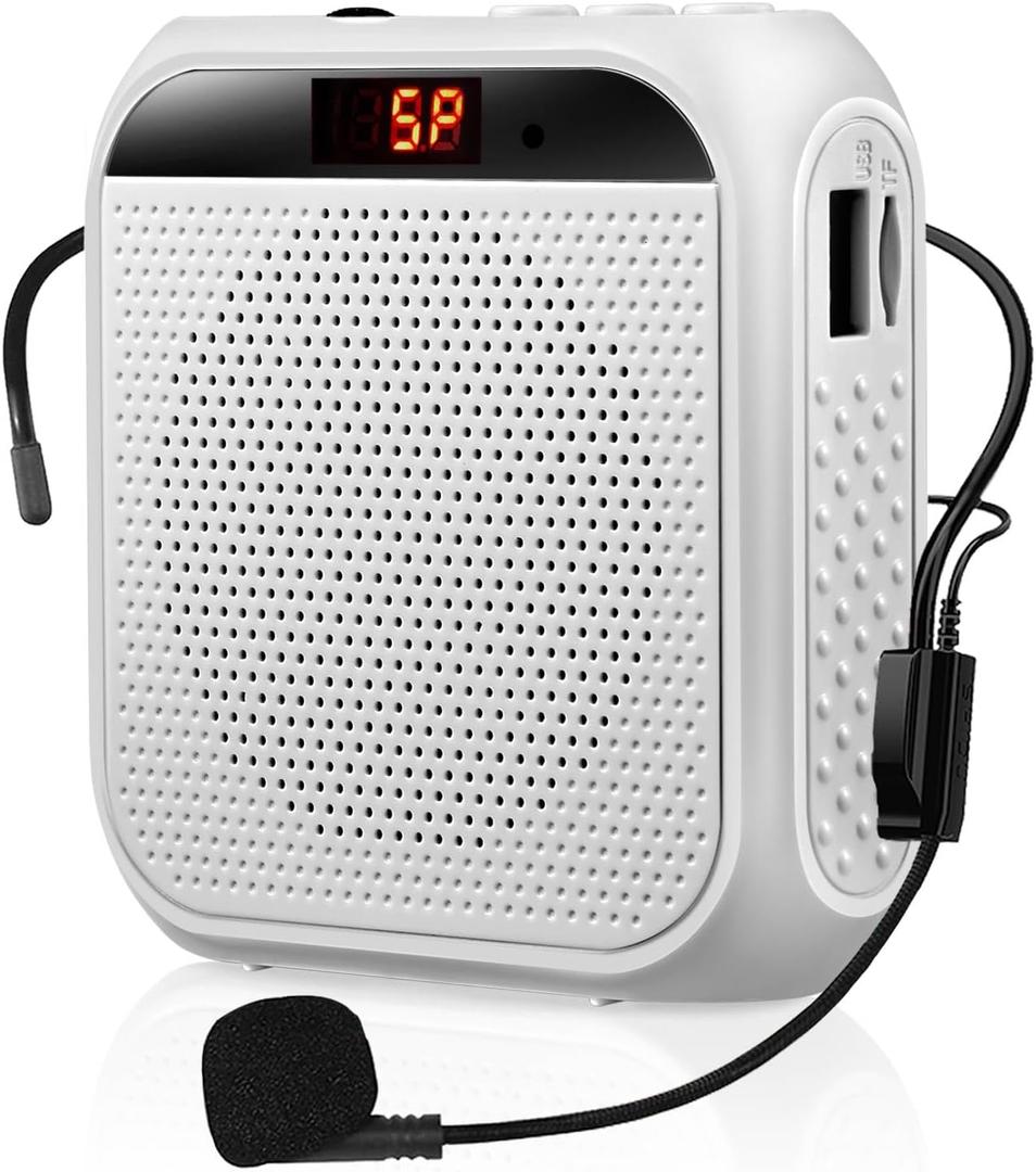 Portable Voice Amplifier for Teachers, Rechargeable Personal Amplifier Mic PA System Headset Microphone with Speaker for Teachers, Training, Meeting, Tour Guide, Yoga, Classroom (White)