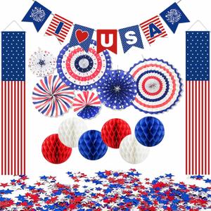 4th of July Decorations Set, Independence Day Hanging Door Banners, Paper Fans, Red White Blue Honeycomb Balls for Home Wall Indoor Outdoor Party Supplies