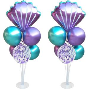Mermaid Table Centerpiece Balloons Stand Kit 2 Sets with 2 Sea Shells Foil Balloons 14 Purple Blue Latex Balloons for Birthday Beach Mermaid Theme Sea Theme Party Mermaid Birthday Decorations