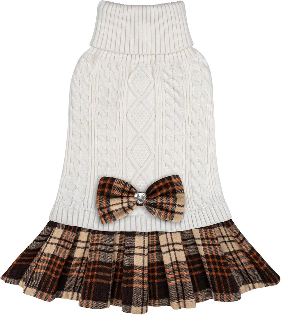 KYEESE Dog Sweater Thick Dogs Clothes with Bowtie Soft Turtleneck Pet Sweater Dress Comfy Knitwear Dog Sweaters for Small Dogs Girl Warm Pullover Pet Coats Stretchy Cat Sweaters, White, Medium