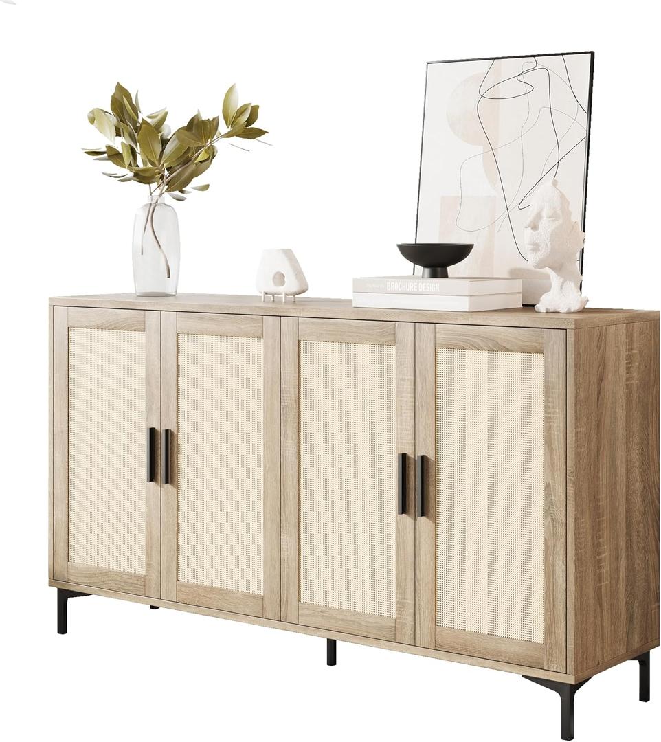 JASIWAY Buffet Cabinet with Storage, 48" Rattan Sideboard with Adjustable Shelves, Modern Coffee Bar Cabinet Console Table with Doors, Credenza for Kitchen, Living Room, Entryway, Dining Room, Wood, 48.4x15"x33.4"