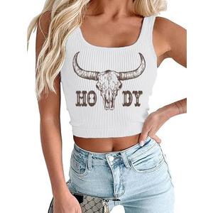 Women's Cowgirl Country Concert Sleeveless Cropped Tank Top Summer Casual Cowboy Shirt Western Graphic Top Cute Outfit (White--cow Bull), Small