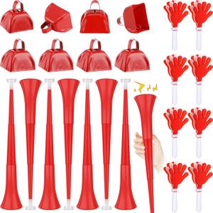 Jenaai 24 Pcs Cheer Team Gifts Bulk Collapsible Stadium Horn Hand Clappers Metal Cowbells Team Cheering Spirit Accessories Noisemakers 24" Vuvuzela Blow Horn for Sporting Events Football Party(Red)