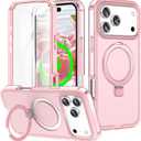 for iPhone 17 Pro Full Body Shockproof Case with Magnetic Invisible Stand [Compatible with MagSafe] Built-in Screen Protector Military Drop ProtectionTranslucent iPhone Cover -Pink