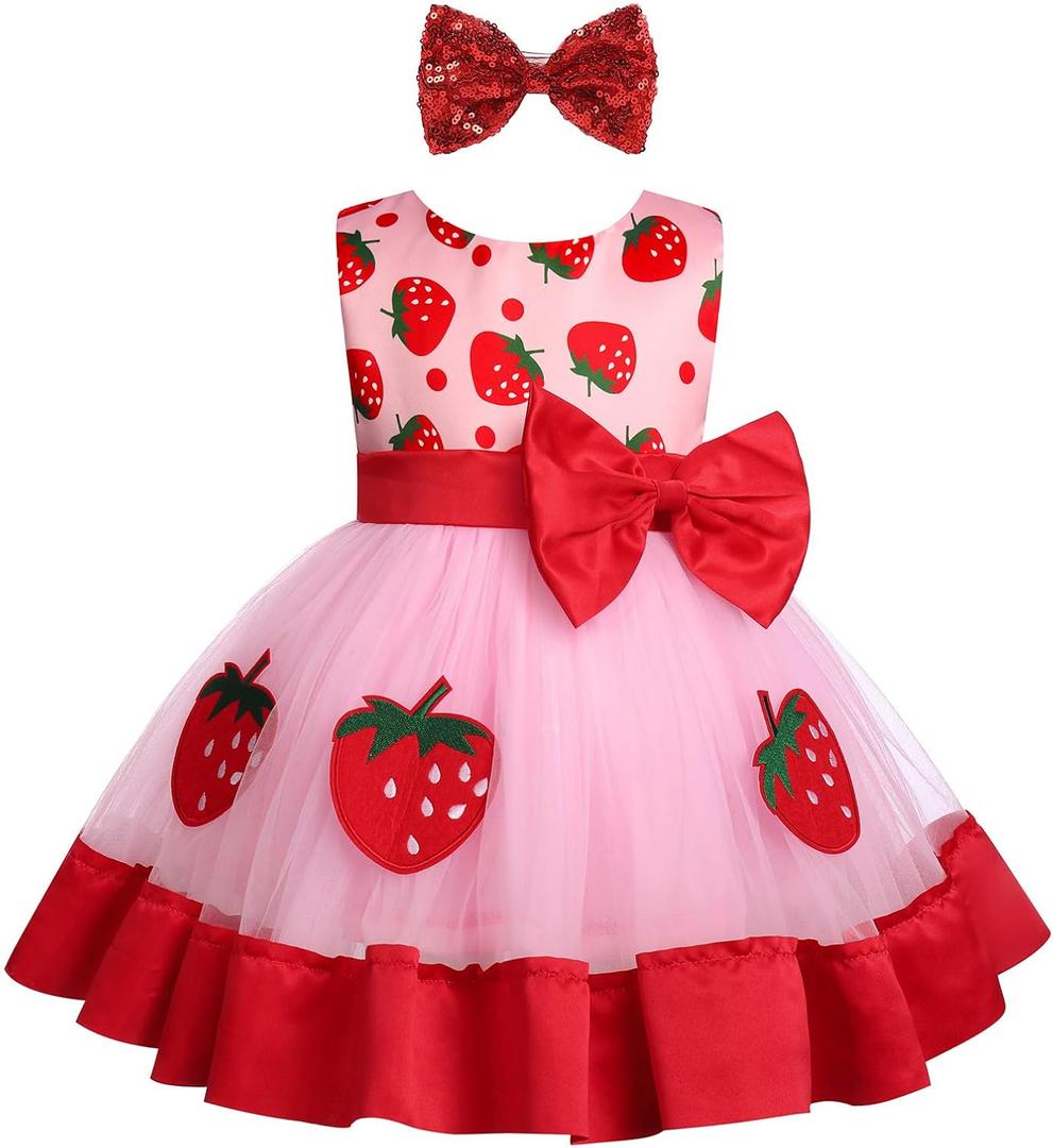 Baby Girl Princess Dress Cake Smash Birthday Tutu Dress+Headband Baptism Clothes Set for Cake Smash Photo Shoot (12-18 Months, Pink-strawberry)