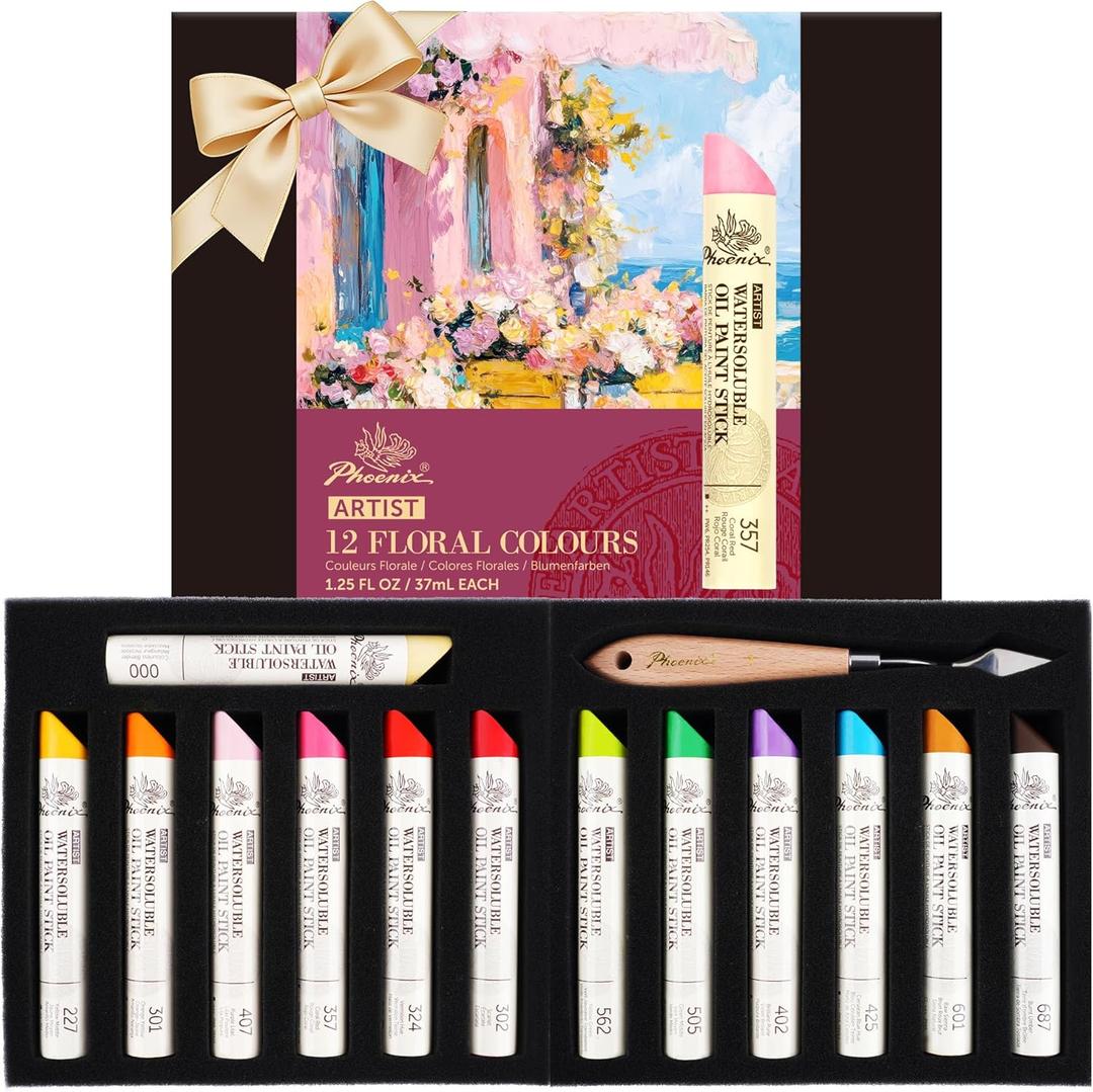 PHOENIX Floral Colors Oil Paint Stick Water Soluable - Set of 12 Spring Color 37ml Large Soft Oil Pastels for Artists, 12 Floral Colors