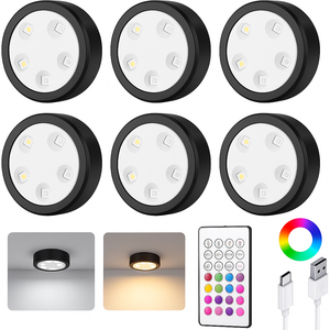 EZVALO Puck Lights with Remote,1200mAh Rechargeable Tap Light,RGB LED Display Lighting, Wireless Closet Light,Under Cabinet Lighs,Sitck On Lights for Kitchen,Closet,Pantry,Shelves(6 Packs) (Black)