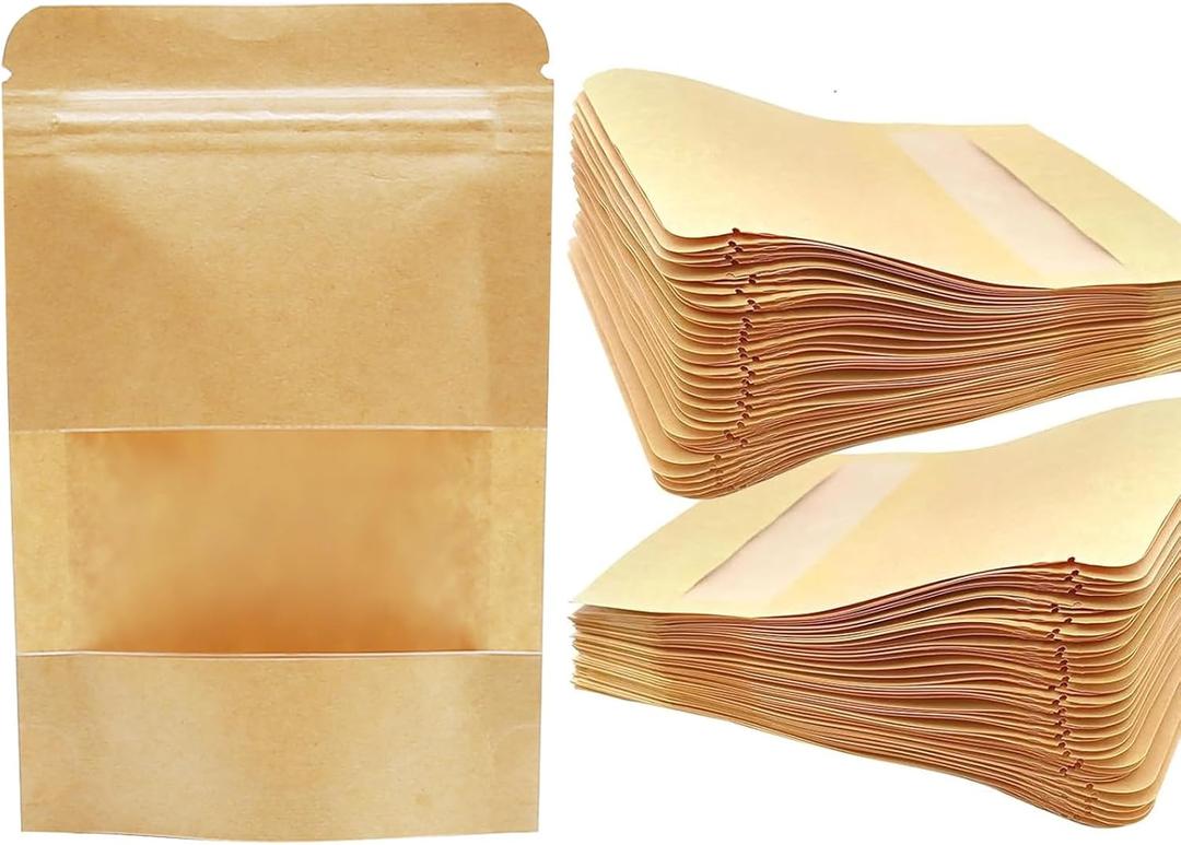 300 Pcs Kraft Bags with Window and Stand Up Paper Pouches Resealable Heat Sealable Bags Zip Lock Food Storage for Home or Office(6 x 4 Inch) (5.90" *3.93: *3.34")