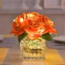 Fule Artificial Silk Rose Flower Centerpiece Arrangement in Glass Vase with LED Light for Home Wedding Decoration (Orange)