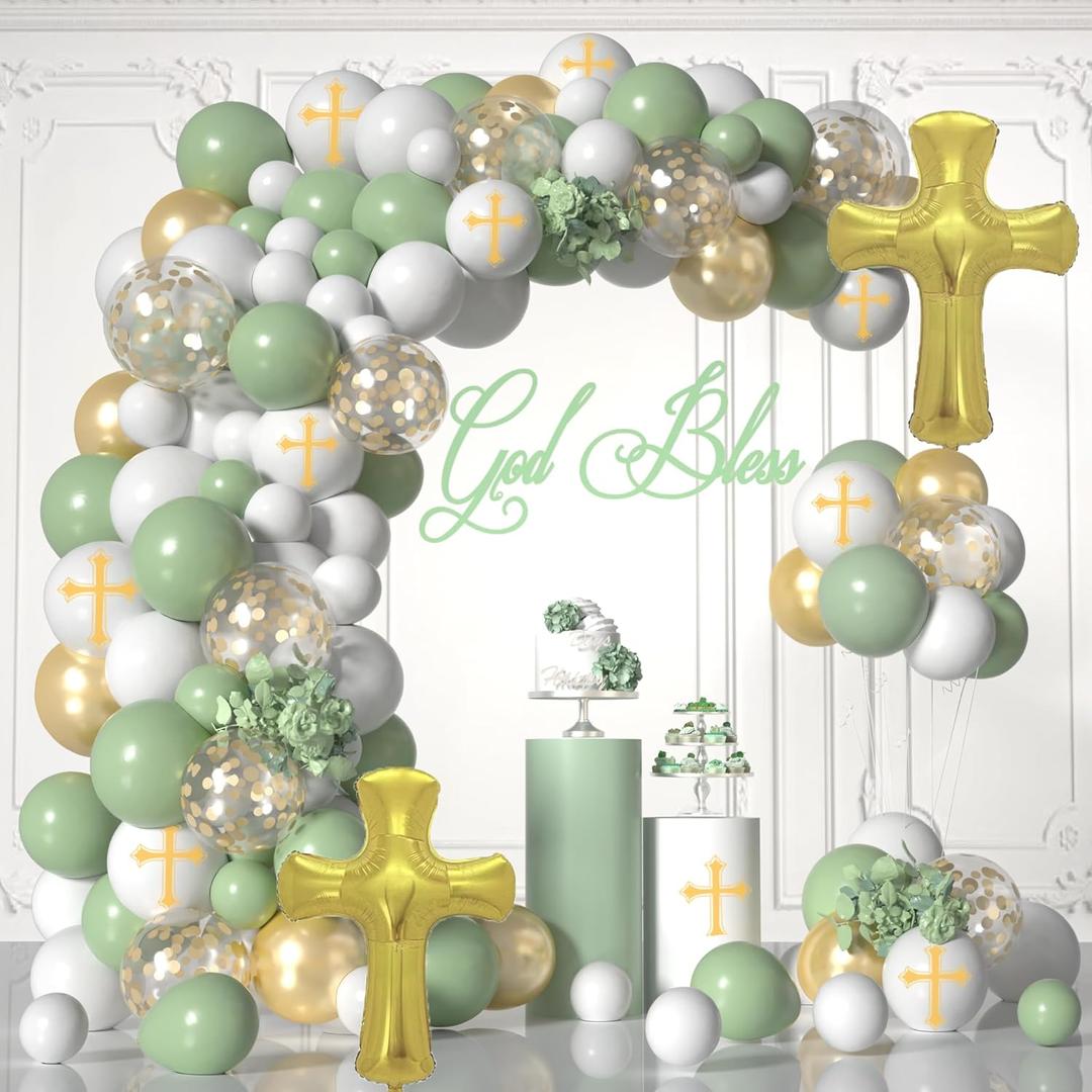 Sage Baptism Decorations First Communion Decorations For Boys Girls, Sage White Balloon Arch Kit With Cross Balloons For First Holy Communion Decor Christening Deco-rations