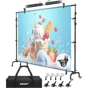 EMART 10x7.7ft Rolling Backdrop Stand with Wheels, Adjustable and Movable Photo Backdrop Banner Stand for Studio Photography, Wedding, Party Decoration, Video Recording, Events Decoration