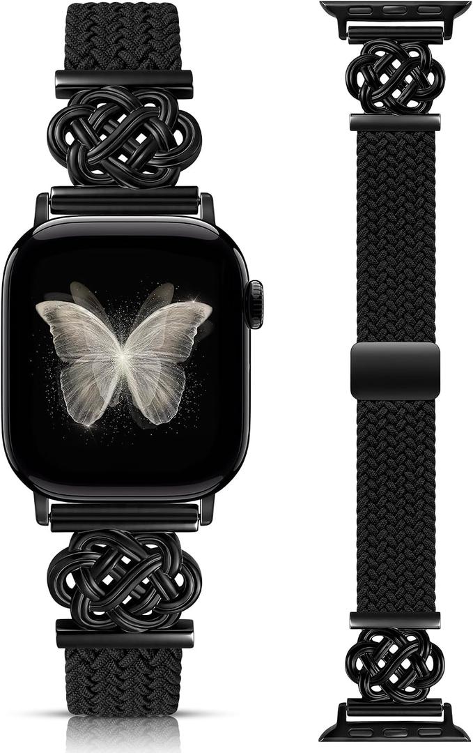 Minyee Slim Braided Magnetic Band Compatible with Apple Watch Bands Women 40/41/42/44/45/46/49/38, Dressy Celtic Knot Soft Thin Elastic Nylon Strap for iWatch Series 11 10 9 8 7 6 5 4 SE/Ultra 3 2 1